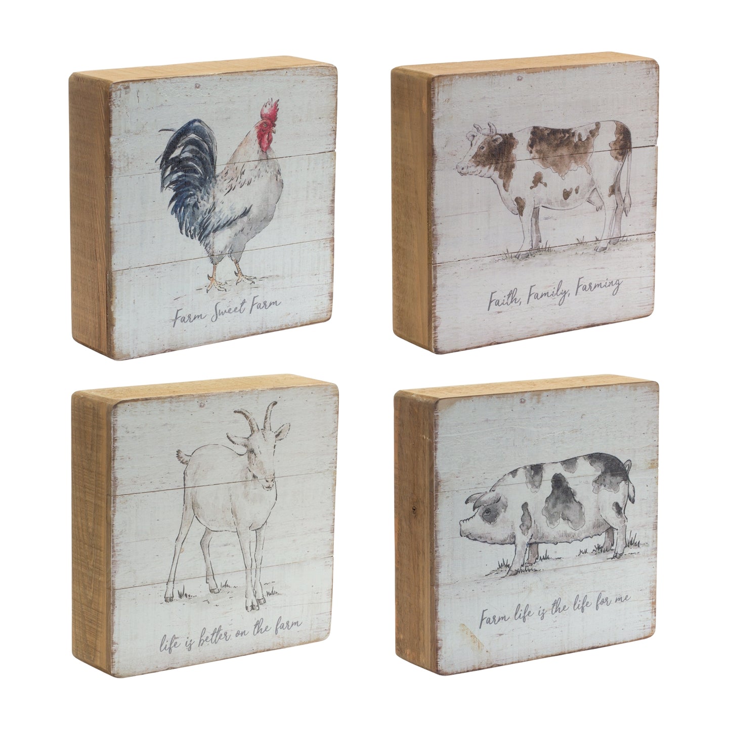 Rustic Wood Farm Animal Sentiment Block (Set of 4)