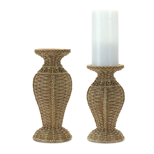 Woven Wicker Design Candle Holder (Set of 2)