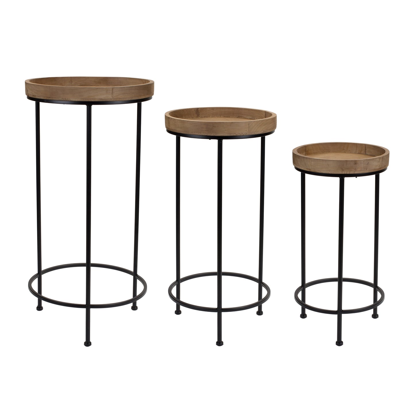 Round Wood and Metal Plant Stand Table (Set of 2)