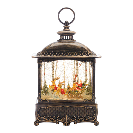 LED Snow Globe Lantern with Santa's Sleigh Scene 12.25"H