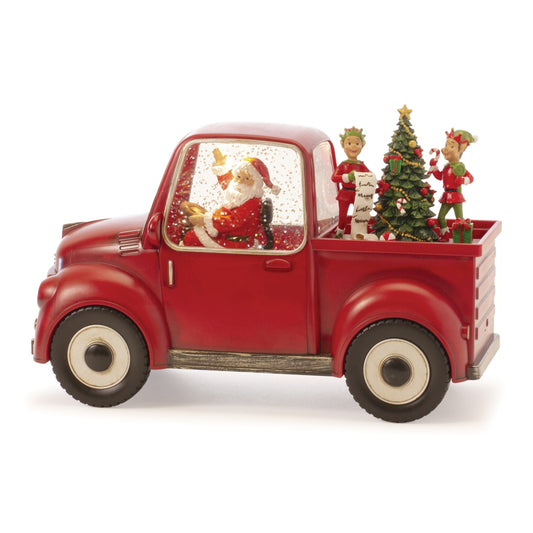 LED Snow Globe Truck with Santa and Elves 8.75"H