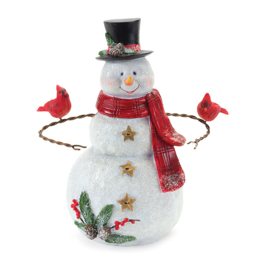 Snowman Figurine with Cardinal Bird Accents 9"H
