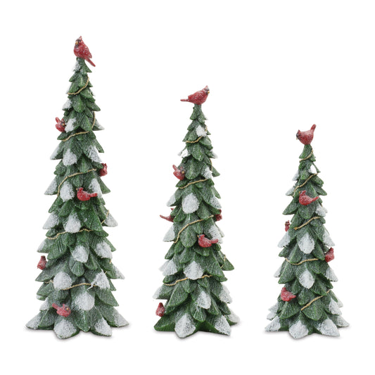 Frosted Cardinal Pine Tree (Set of 3)