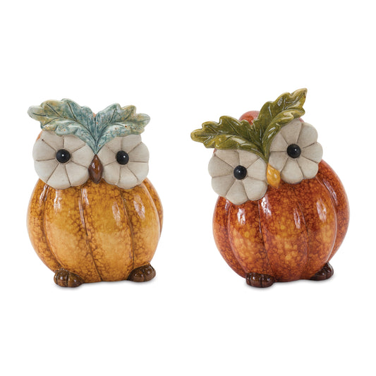 Terra Cotta Pumpkin Owl Figurine (Set of 2)