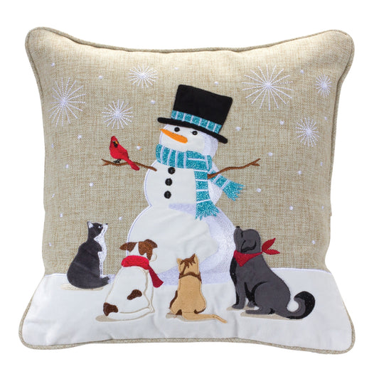 Embroidered Snowman Holiday Pillow 16"SQ