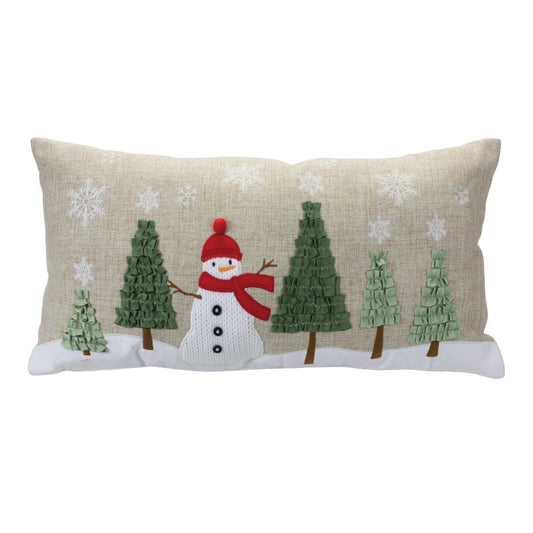Embroidered Snowman Forest Pillow 23"L