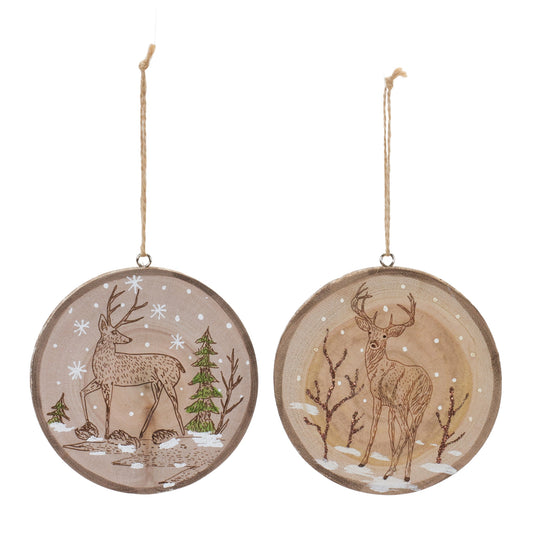 Wood Deer Tree Disc Ornament (Set of 12)