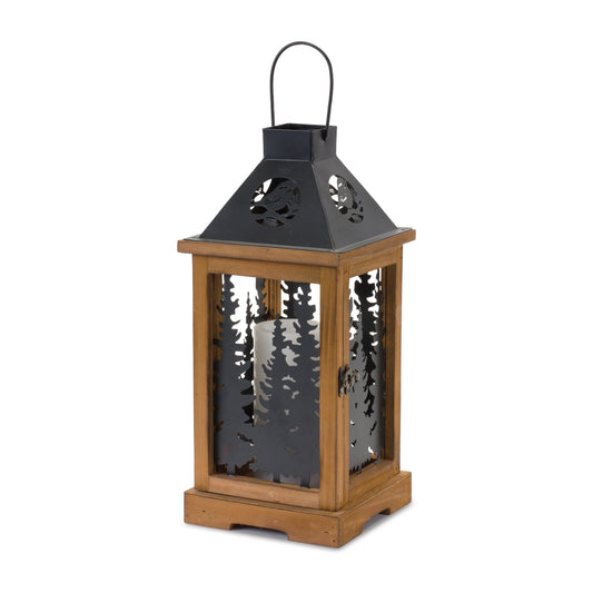 Wood Lantern with Cut Out Forsest Design 14.75"H