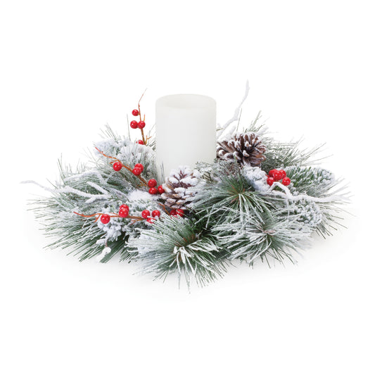 Flocked Pine Berry Candle Ring 15.5"D