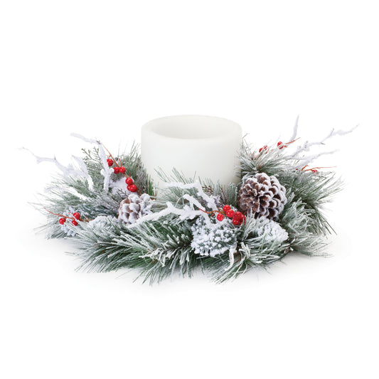 Flocked Pine Berry Candle Ring 20"D