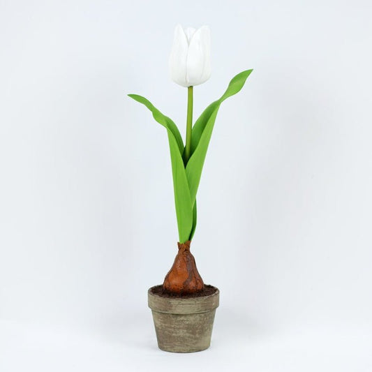 16" faux tulip in a pot, gn/wh/bn UPC: 810071256233