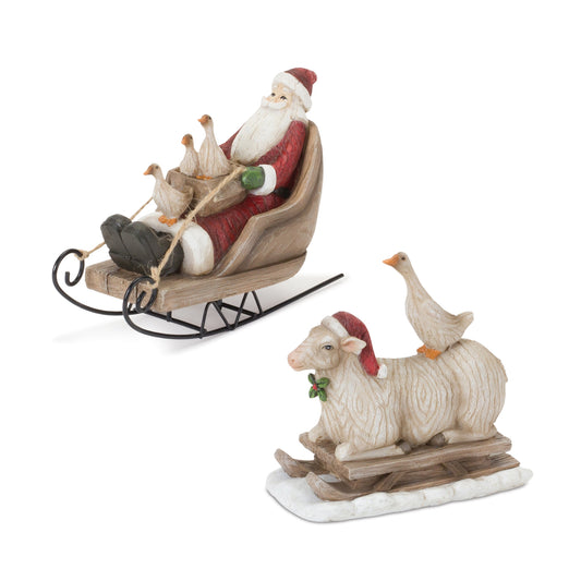 Farmhouse Santa on Sled Figurine (Set of 2)