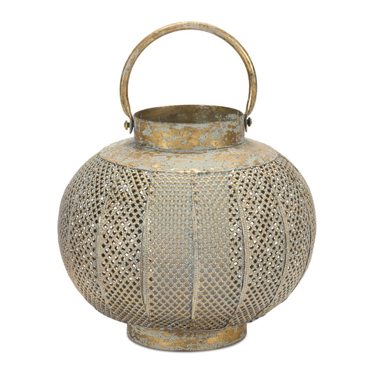 Distressed Punched Metal Lantern 8.5"D