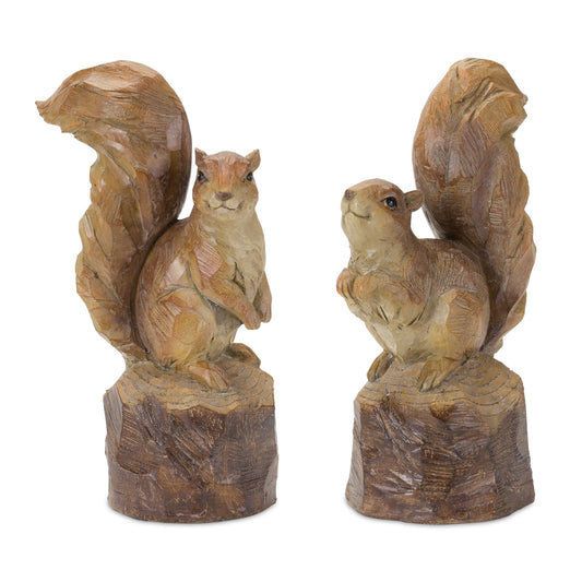 Perched Squirrel on Tree Stump Figurine (Set of 2)