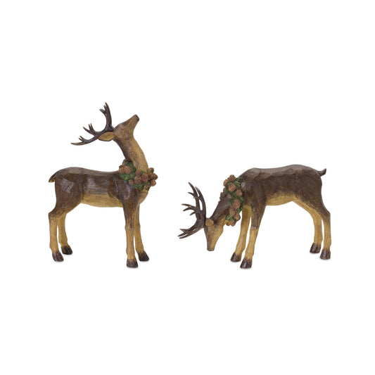 Deer Figurine with Pinecone Wreath (Set of 2)