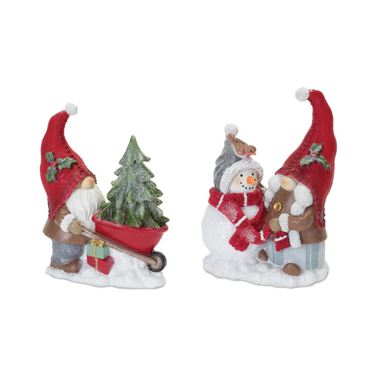 Gnome Figurine with Snowman and Pine Tree (Set of 2)