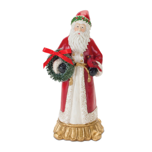 Santa Figurine with Cardinal and Wreath 12"H