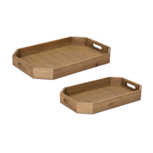 Wooden Tray with Rattan Accent (Set of 2)