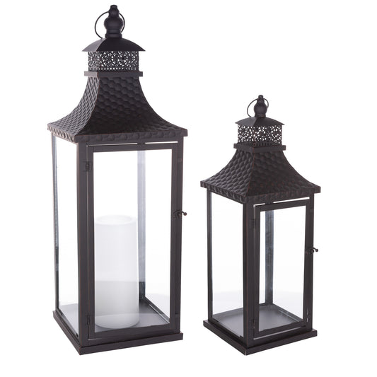 Traditional Lantern with Hammered Metal Lid (Set of 2)